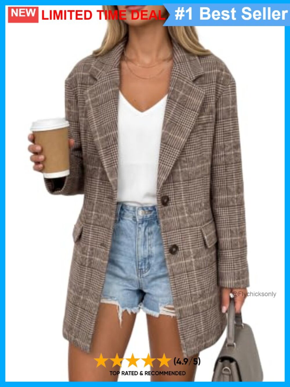 Plaid Tweed Blazer Oversized Mid-Length Notched Lapel Business Casual